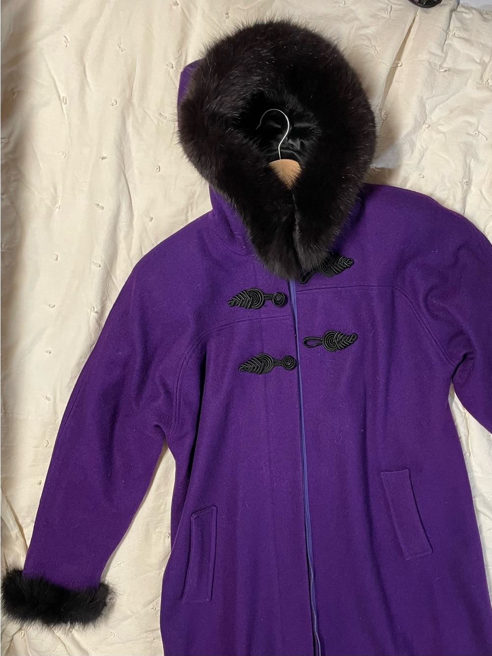 Purple wool parka with Fur Trim